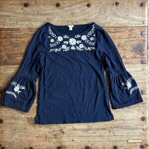 J Crew Navy Blue White Floral Embroidered Bell Sleeve Blouse Size MEDIUM Casual